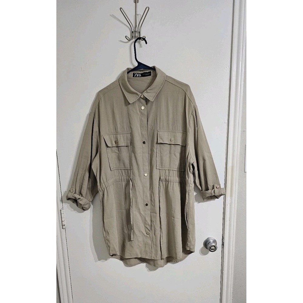 Zara Relaxed‎ Overshirt Sz XL Tan Minimalist Neutral Pockets Drawstring Preppy